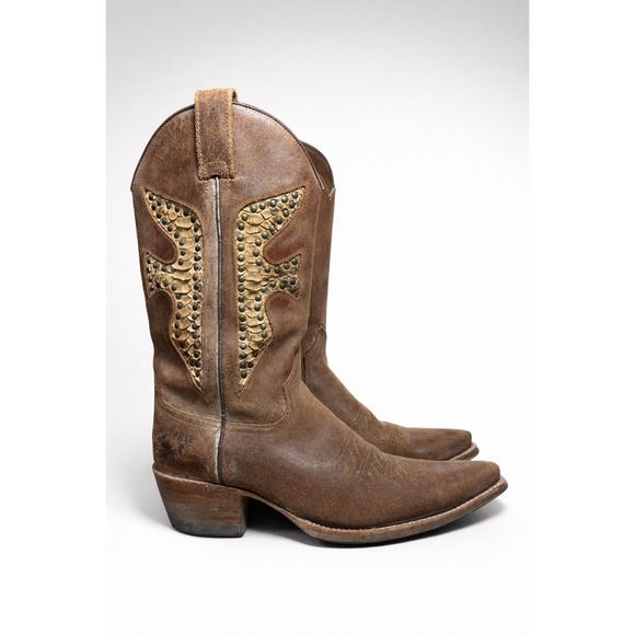 Frye Shoes - Frye Daisy Duke Western Boots Women's 9M Brown Leather Python Studded Vintage